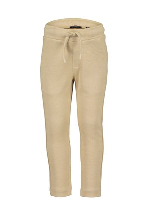 Beige teksturerede afslappede bukser med elastisk taljebånd og snor, lige ben og sidelommer.
