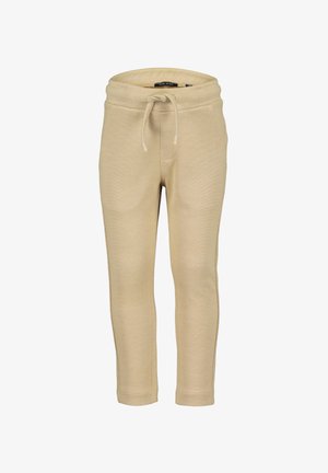 Pantalon décontracté beige texturé avec une taille élastique et un cordon de serrage, des jambes droites et des poches latérales.