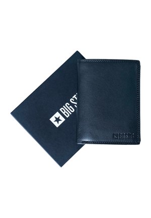 Black leather wallet with a smooth texture, crafted with stitched edges and a small embossed logo on the front, positioned next to a navy box.