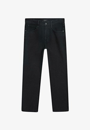 Black denim jeans with a straight leg design, five pockets, and contrasting stitching. Features a button closure at the waist.