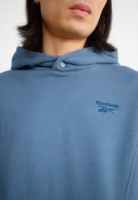 Blå bomullhoodie med snorhette, knappdetalj og Reebok-logo brodert i matchende blå, med en jevn tekstur.