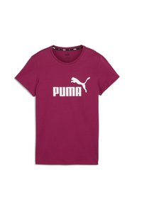 Magenta bavlněné tričko s bílým logem PUMA na přední straně, kulatým výstřihem a krátkými rukávy. Hladká textura, klasický střih.