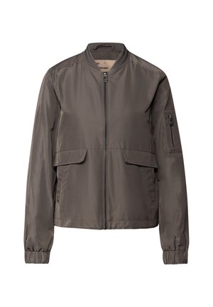 Gray bomber jacket made of smooth fabric. Features a zip front, two front pockets, and a zippered sleeve pocket. Elastic cuffs and waistband.