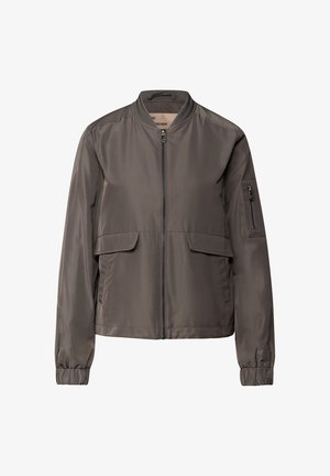 Šedá bomber bunda vyrobená z hladkého materiálu. Obsahuje zipový přední díl, dvě přední kapsy a kapsu na rukávu se zipem. Elastické manžety a pas.