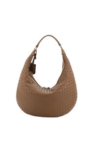 Brown woven leather hobo bag with a rounded shape, textured surface, and a single handle. Features a zip closure and brass hardware accents.
