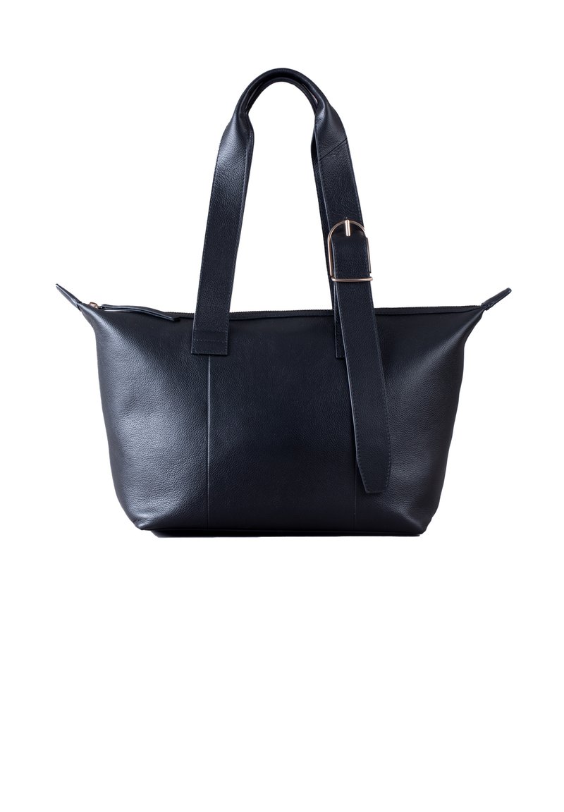 Black leather tote bag with dual handles and a detachable strap. Features a zip top closure and structured body with subtle stitching details.