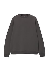 Sweatshirt à manches longues gris foncé avec col ras-du-cou, poignets et ourlet côtelés, présenté à plat sur un fond blanc.