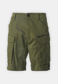 Cargo shorts i mörk olivgrön, tillverkade av slitstarkt material, med flera fickor, en ficka med dragkedja på sidan och uppvikta benslut.