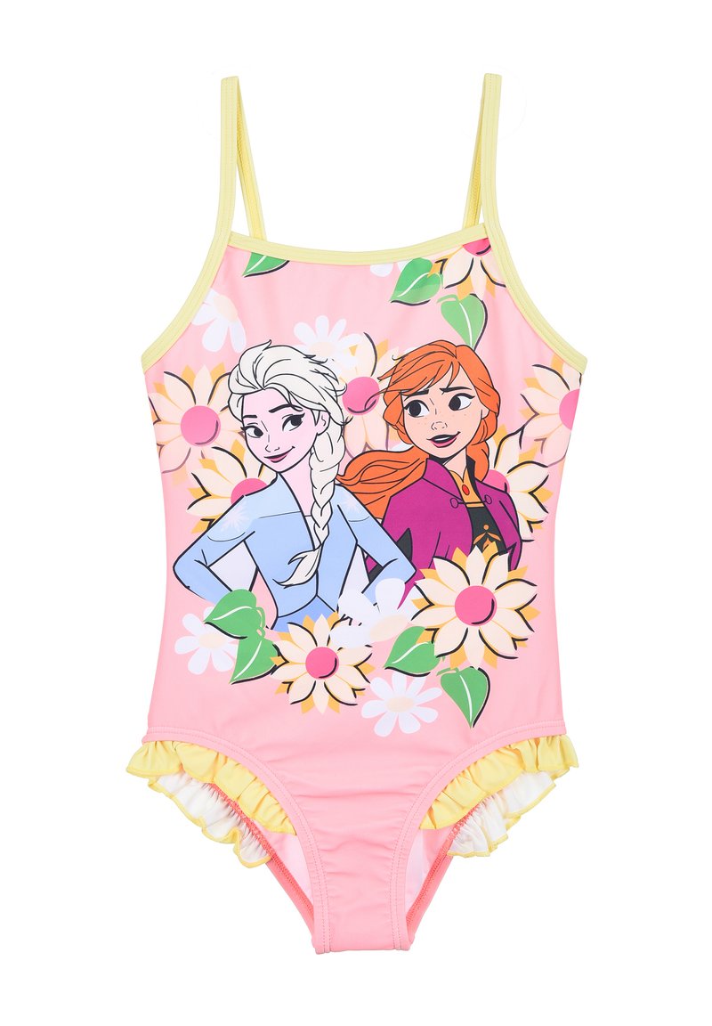 Roze zwemkleding met gele accenten, met illustraties van twee figuren omgeven door bloemmotieven. Gefronste randen bij de bovenbenen.