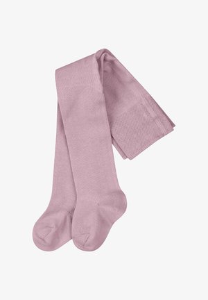 Rosa gerippte Strumpfhosen mit einer glatten Textur, die verstärkte Zehen und eine enge Passform aufweisen. Die Farbe ist weich und gleichmäßig über den Stoff verteilt.
