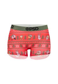 Boxer brevi rossi con cintura verde, caratterizzati da personaggi dei Looney Tunes a tema natalizio e motivi di alberi e fiocchi di neve.