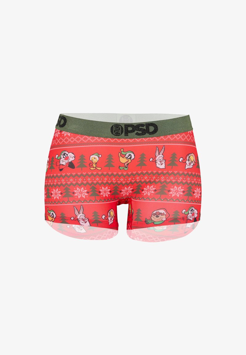 Boxer brevi rossi con cintura verde, caratterizzati da personaggi dei Looney Tunes a tema natalizio e motivi di alberi e fiocchi di neve.
