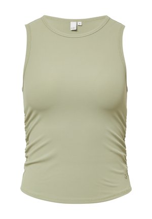 Lichtgroene geribbelde tanktop met een ronde hals, met een zijvertroebelingdetail en een getailleerd silhouet. Het label toont maat "S."