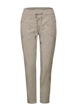 Beige jogger pants with an elastic waistband and drawstring, featuring two side pockets and tapered leg design. Smooth, lightweight fabric.
