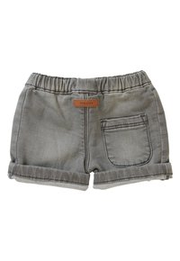 Grijze denim shorts met een elastische tailleband, opgerolde zoom en één achterzak. Voorzien van een tan leren logo label.