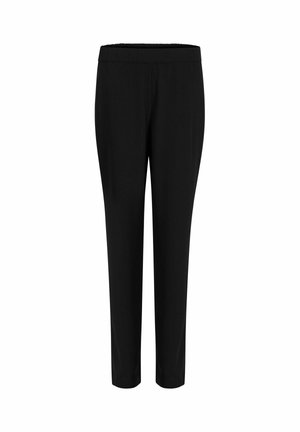 Sorte bukser med lige ben og elastik i taljen, lavet af glat stof, vist på en ensfarvet hvid baggrund.