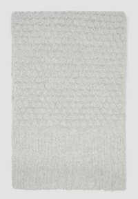 Écharpe en tricot grise présentant un motif texturé avec des billes surélevées et des franges côtes aux extrémités. Matériau doux, ressemblant à de la laine.
