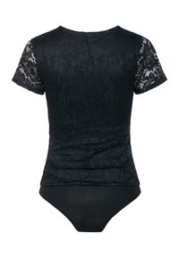 Svart spets bodysuit med kort ärm som har ett strukturerat blommönster och en kontrasterande slät tygbotten. Rundad halsringning, tajt passform.