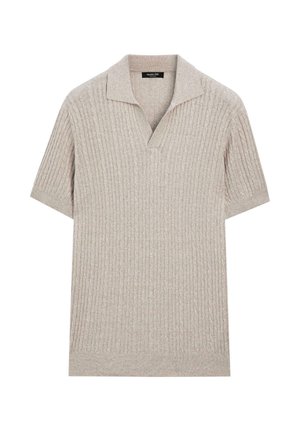 Beige Strick-Poloshirt mit kurzen Ärmeln, Rippstruktur und offenem Kragen, hergestellt aus weichem Stoff.
