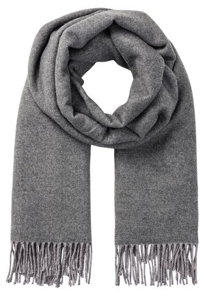 Écharpe en laine grise douce, pliée en boucle avec des extrémités à franges, présentée sur un fond blanc.