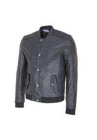 Schwarze Lederbomberjacke mit strukturierter Oberfläche, Druckknopfverschluss, zwei Seitentaschen und gerippten Bündchen und Saum.