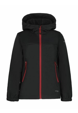 Schwarze Kapuzenjacke mit rotem Reißverschluss und Taschenreißverschlüssen, elastischen Bündchen und dezentem Branding auf der unteren Vorderseite und am linken Ärmel.