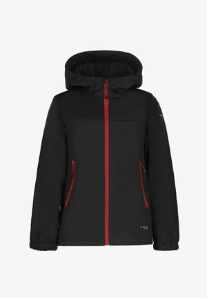 Veste noire à capuche avec fermeture éclair rouge et fermetures éclair des poches, poignets élastiques, et branding subtil sur le bas devant et la manche gauche.