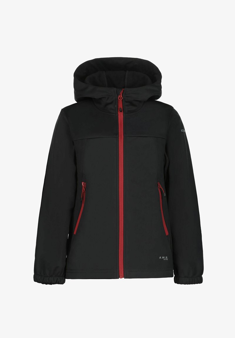 Schwarze Kapuzenjacke mit rotem Reißverschluss und Taschenreißverschlüssen, elastischen Bündchen und dezentem Branding auf der unteren Vorderseite und am linken Ärmel.