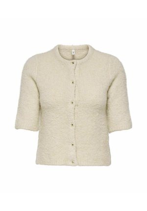 Cardigan tricoté à manches courtes couleur crème avec un col rond et six petits boutons sur le devant.
