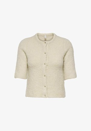 Cardigan tricoté à manches courtes couleur crème avec un col rond et six petits boutons sur le devant.