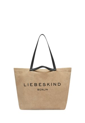 Beige Tragetasche mit schwarzen Griffen und "LIEBESKIND BERLIN" in Schwarz auf der Vorderseite mittig gedruckt.