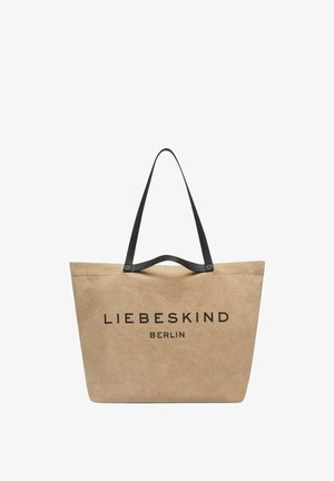 Beżowa torba na ramię z czarnymi uchwytami i nadrukiem "LIEBESKIND BERLIN" na środku przodu w kolorze czarnym.