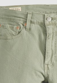 Helles grünes Denim-Hose mit kupferfarbenen Nieten, einem Knopfverschluss und einem kleinen Taschendesign. Klassische, schmal zulaufende Passform mit feiner Textur.
