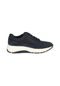 Tamno plavi zimski sneakers s nubukom i mrežicom, teksturiranom bočnom stranom, okruglim vrhom, vezanjem i bijelim jastučićem na potplatu.