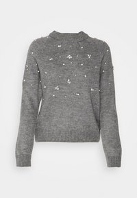 Grauer Strickpullover mit Rundhalsausschnitt, langen Ärmeln und Verzierungen aus Perlen und kristallähnlichen Akzenten im gesamten Design.