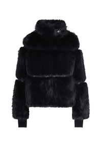 Veste courte en fausse fourrure noire avec un col haut, présentant un design matelassé, des poignets côtelés et une texture lisse et élégante.