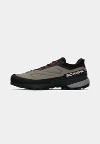 Lightweight hiking shoe in gray and black, featuring a textured upper, rubber toe cap, and orange accents. Durable sole with traction lugs.