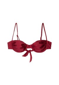 Red satin bikini top with underwire, adjustable straps, and a tie front detail. Features smooth texture and structured cups.