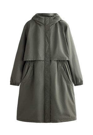 Olive green waterproof coat with a hood, elasticized cuffs, two side pockets, and a layered design. Smooth texture and mid-length cut.
