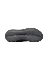Black shoe sole with a textured pattern, featuring a central groove and slight transparency along the edges. Smooth, rubbery material.