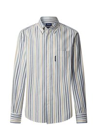 Camisa de botones a rayas en azul claro, crema y gris suave. Presenta un bolsillo en el pecho y puños abotonados con rayas en contraste.
