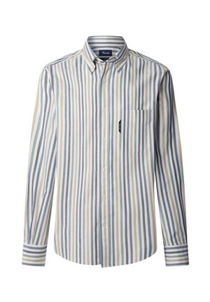 Gestreept overhemd met knopen in lichtblauw, crème en zachtgrijs. Bevat een borstzak en knoopmanchetten met contrasterende strepen.