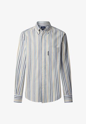 Gestreept overhemd met knopen in lichtblauw, crème en zachtgrijs. Bevat een borstzak en knoopmanchetten met contrasterende strepen.