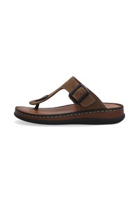 Brune læder flip-flops med hævet hæl, justerbar rem og struktureret sort gummisål. Har hvide sting og en dekoreret spænde.
