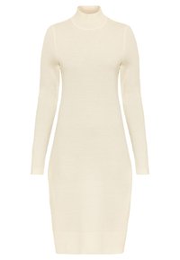 Robe en maille col roulé de couleur crème clair. Silhouette ajustée, manches longues, poignets et ourlet côtelés. Texture lisse avec un minimum de détails.