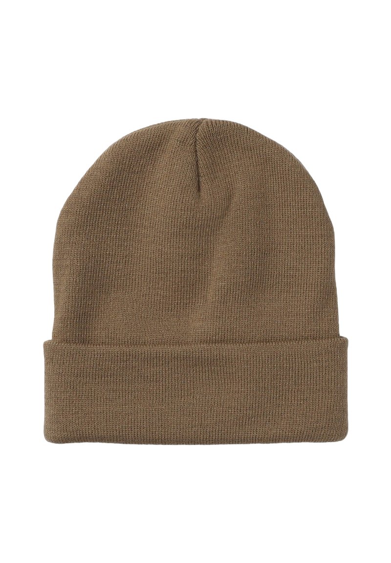 Berretto a maglia marrone con risvolto, tessuto texturizzato e forma arrotondata. Realizzato in un materiale morbido ed elasticizzato per comfort e calore.