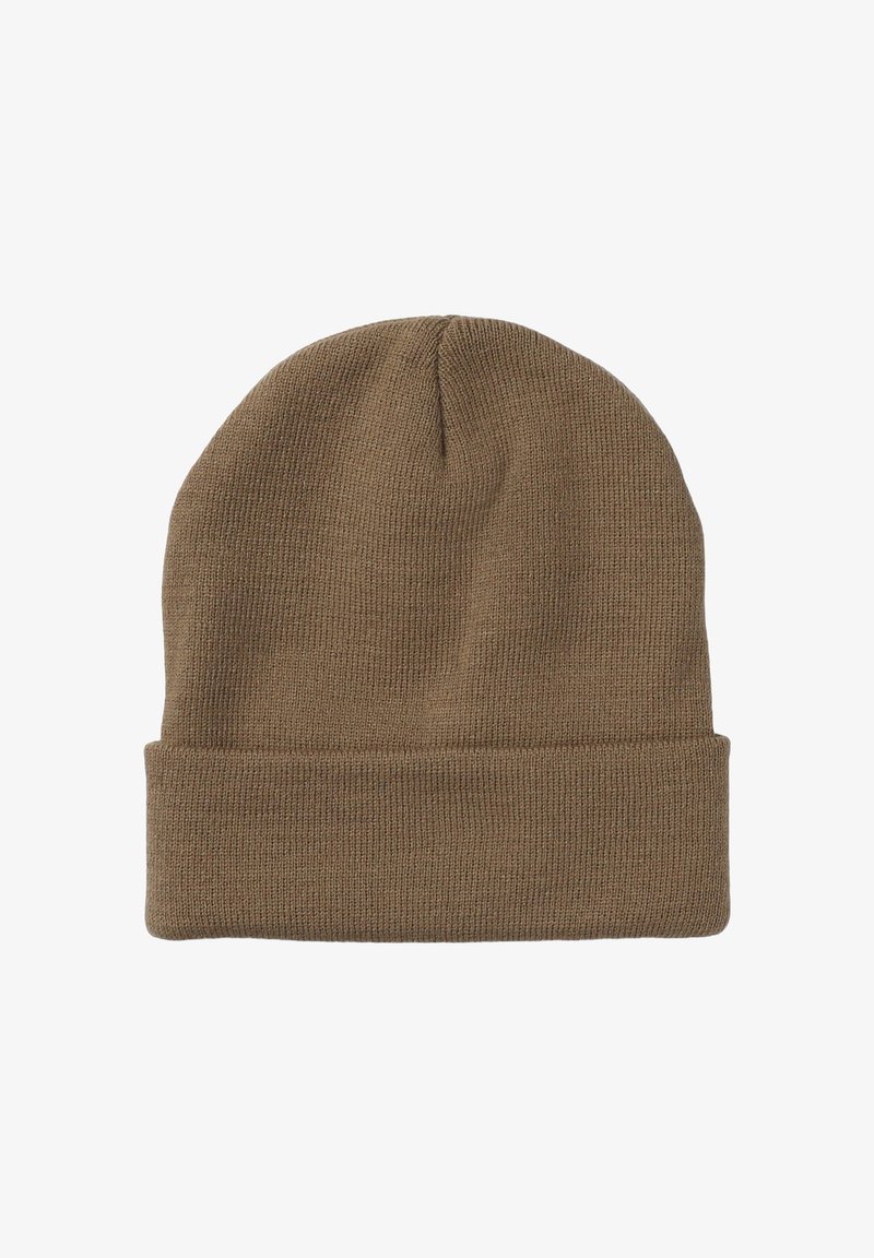 Berretto a maglia marrone con risvolto, tessuto texturizzato e forma arrotondata. Realizzato in un materiale morbido ed elasticizzato per comfort e calore.