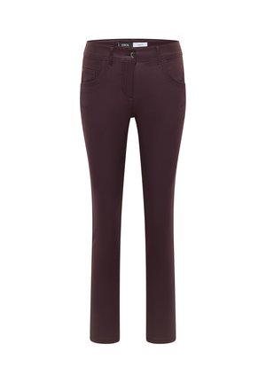 Burgundské kalhoty vyrobené z měkké, elastické tkaniny. Mají přiléhavý střih, pět kapes a zapínání na knoflík v pase.