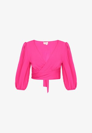 Kirkkaan pinkki vartalonmyötäinen lyhyt toppi, jossa on pitkät puhvimaiset hihat ja solmittava nauha vyötäröllä, valmistettu sileästä kankaasta.