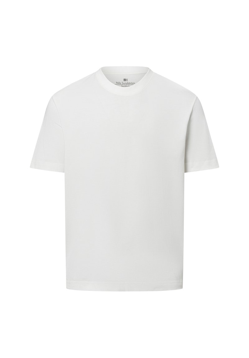 Weißes, kurzärmliges T-Shirt aus weichem Stoff. Mit Rundhalsausschnitt und geradem Schnitt, ohne Muster oder Akzente. Minimalistisches Design.